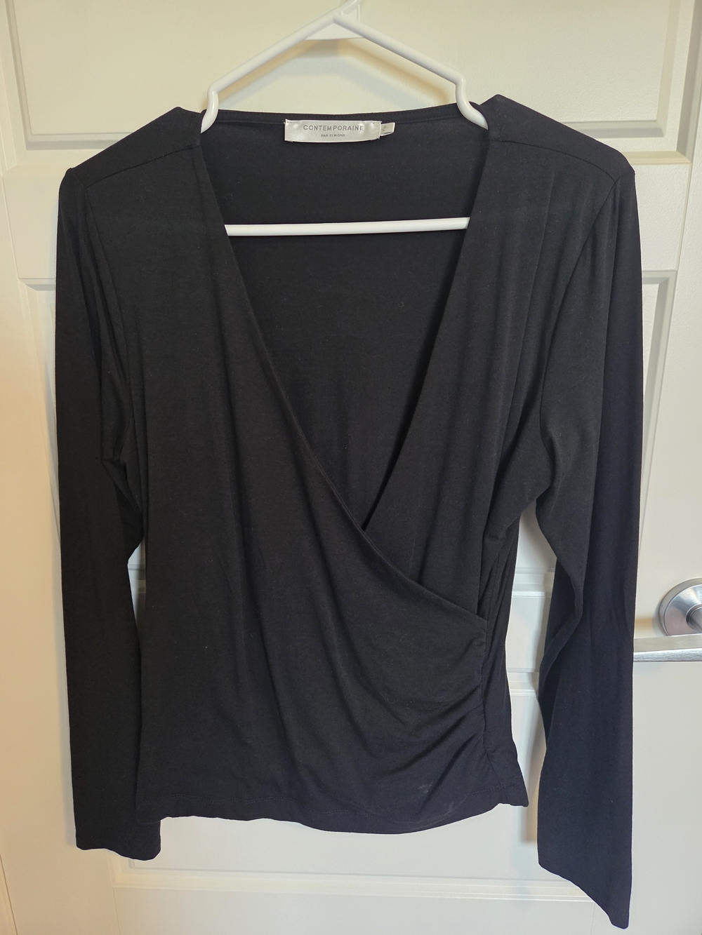 Contemporaine Simons Black Long Sleeve Wrap Surplice Top Cotton Modal Blend Sz L